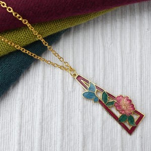 FISH Red Triangle Pendant With Red Flower In Centre, 22ct Gold-plated Cloisonné Enamel Necklace On Long Gold Plated Chain, Vintage 1980s
