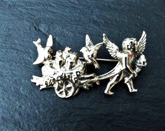PAST TIMES Edwardian Style Silver-plated Cherub and Doves Repoussé Brooch, Vintage 1980s