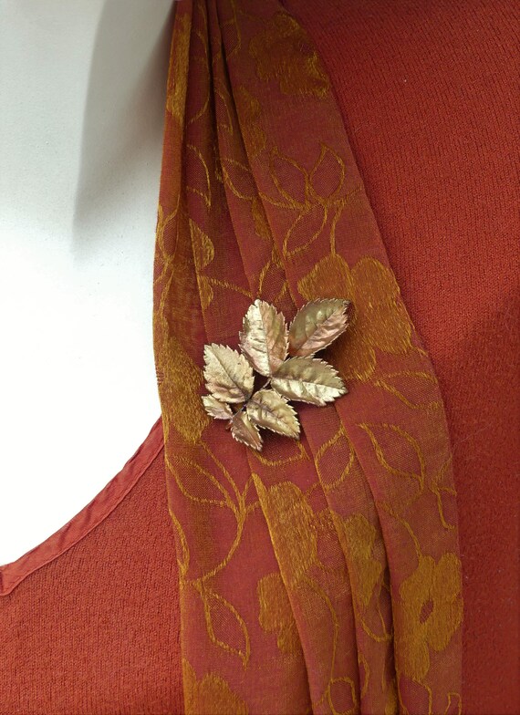 Vintage 1970s Small Copper-dipped Rose Leaf Brooc… - image 2