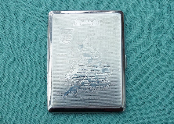kincraft cigarette case KINCRAFT Map of England Cigarette Case, Chrome Engine-turned Engraving on  Front & Back, Made in England, Vintage 1950s