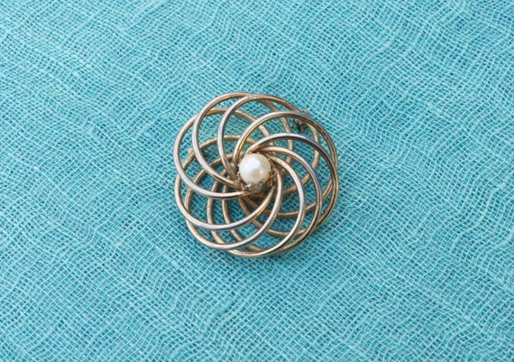 Vintage 1950s Gold-tone Spiral Atomic Brooch With… - image 1