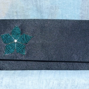 Vintage 1990s Black Satin Envelope Evening Bag With Teal Blue Seed-beaded Starflower Detail