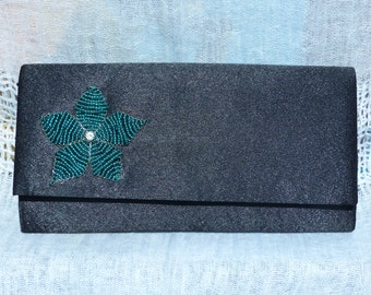 Vintage 1990s Black Satin Envelope Evening Bag With Teal Blue Seed-beaded Starflower Detail