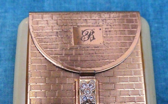 mascot cigarette case MASCOT Lacquered Brass Powder Compact & Cigarette Case, Etched Brick Wall  Pattern and Cream Bakelite Side Bars, Vintage Early 1950s Rarity