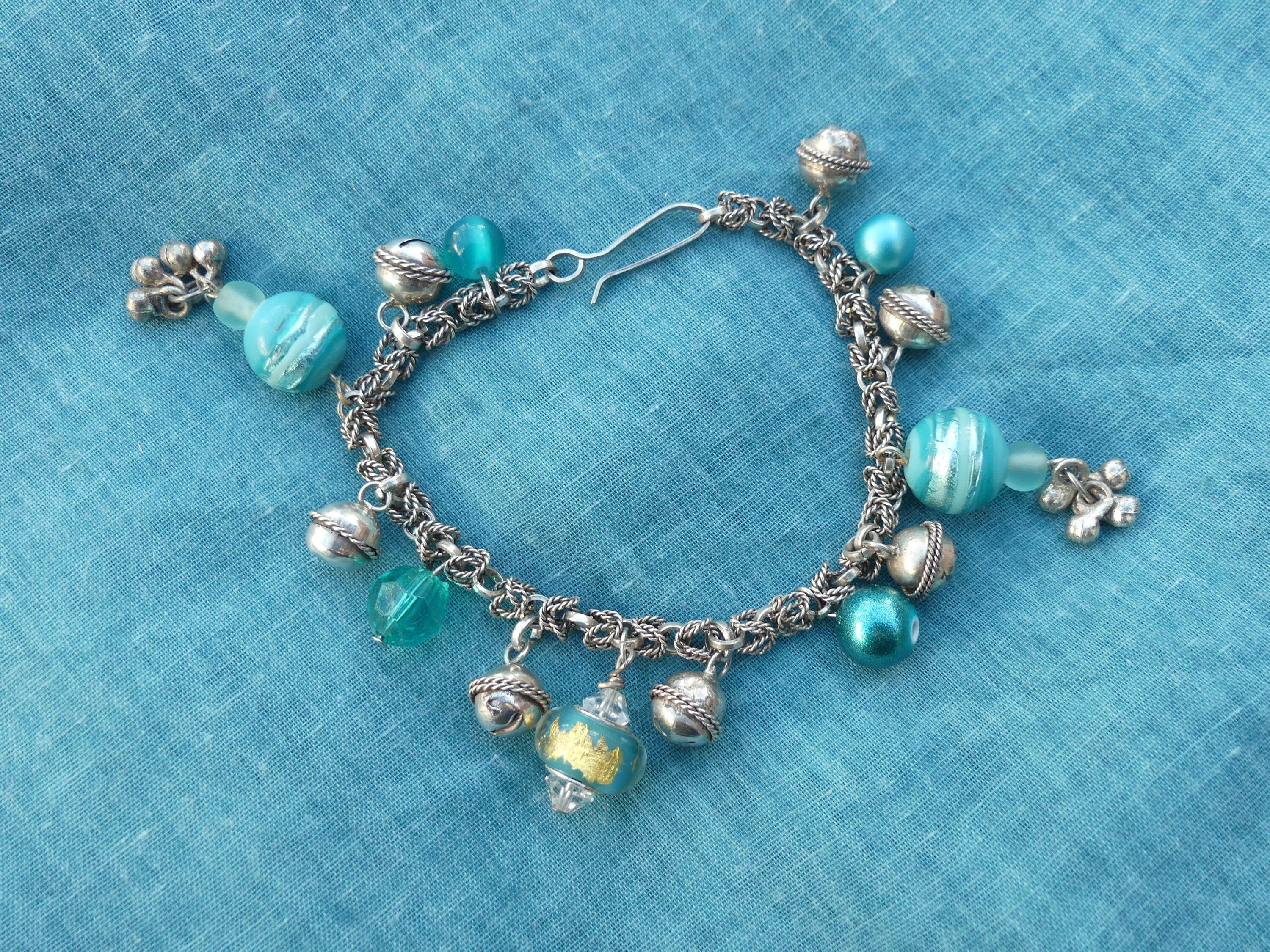 Bracelet Perles Verre Turquoise Et Strass - Modèle W60 - État Comme Neuf