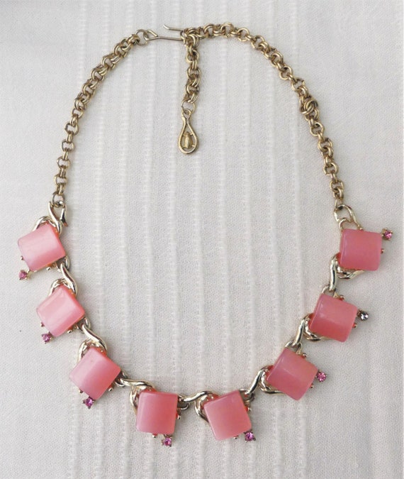 CORO Champagne Goldtone Necklace With Pink Moongl… - image 9
