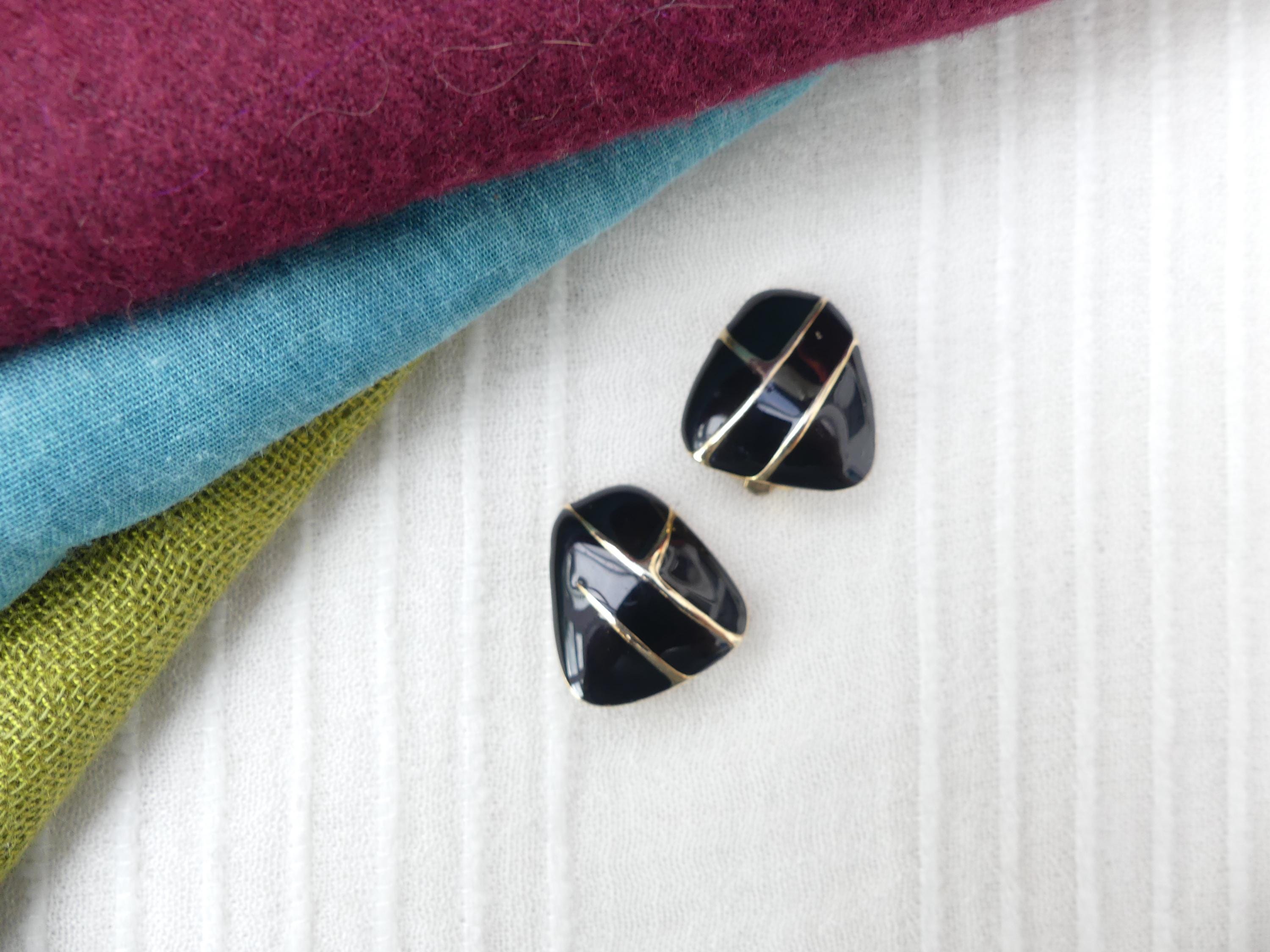 Vintage 1980s Large Triangular Earrings, Gold-plated Black Enamel Clip-on Earrings