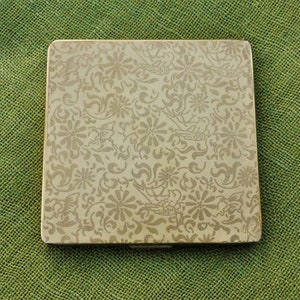 Vintage 1950s Square Powder Compact With Cream & Gold Enamel Birds, Butterflies and Flowers Design, For Loose Powder with Original Puff