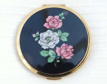 STRATTON Powder Compact, Black With Pink Roses, With Original Sifter/Adaptor Ring, New Puff Added, Matching Item, Vintage 1990s