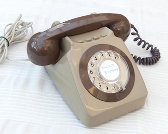 UK British Telecom Telefon mit Wählscheibe, Serie 746 F, Design Braun/Beige-Grau, voll funktionsfähig, Vintage 1970er Jahre, (UK Sammler nur)