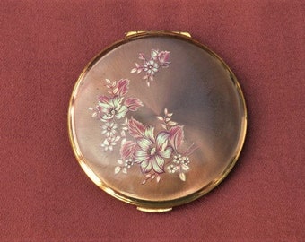 Vintage 1970s Coppery-Brown Satin Finish Powder Compact with Wine-Red & White Floral Design Transfer, No Slipcover, Puff or Sifter