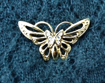 Vintage 1980s Champagne Goldtone Butterfly Brooch Set With Diamanté Stones