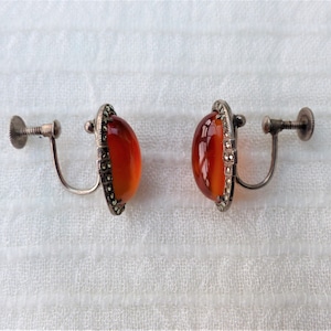 Vintage 1930s Art Deco Sterling Silver, Carnelian and Marcasite Screw-back Earrings (2 Marcasites Missing)