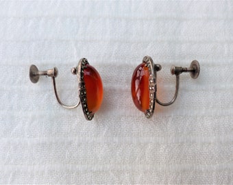 Vintage 1930s Art Deco Sterling Silver, Carnelian and Marcasite Screw-back Earrings