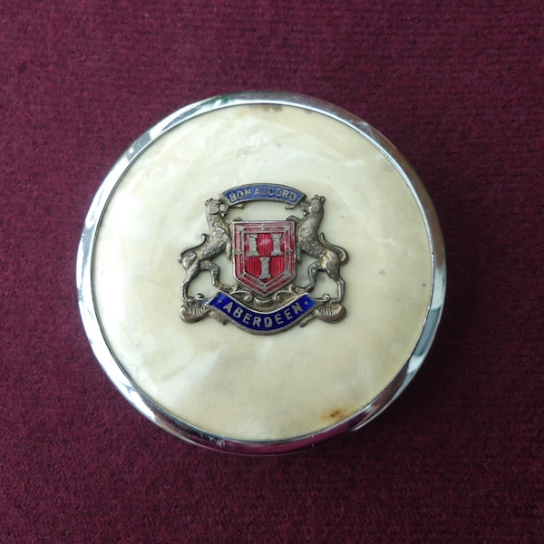 Vintage 1940s Retro Art Deco Chrome Mini-Compact, Pearly Lucite Lid With Aberdeen Coat of Arms, Includes Original Powder Puff & Empty Pan