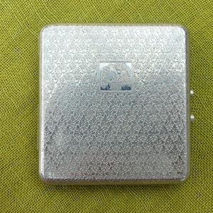 PRINCESS Art Deco Etched Chrome Powder Compact & Cigarette Case, With Puff and Sifter, Basket of Fruit Design Motif, Vintage 1940s