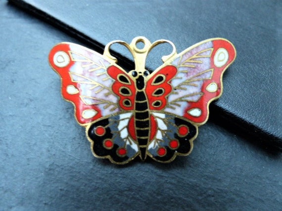 Broche Papillon Vintage En Métal Doré Avec émail Rouge Et Noir - Bijou Ancien, Parfait état, Grande Taille