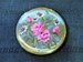 MELISSA Lacquered Brass Powder Compact with Floral Transfer of Pink & White Flowers, Vintage 1950s 