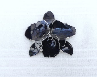 Grande Broche Vintage En Forme D’orchidée - Email Cloisonné Noir Et Rouge - Couleur Or - Parfait état