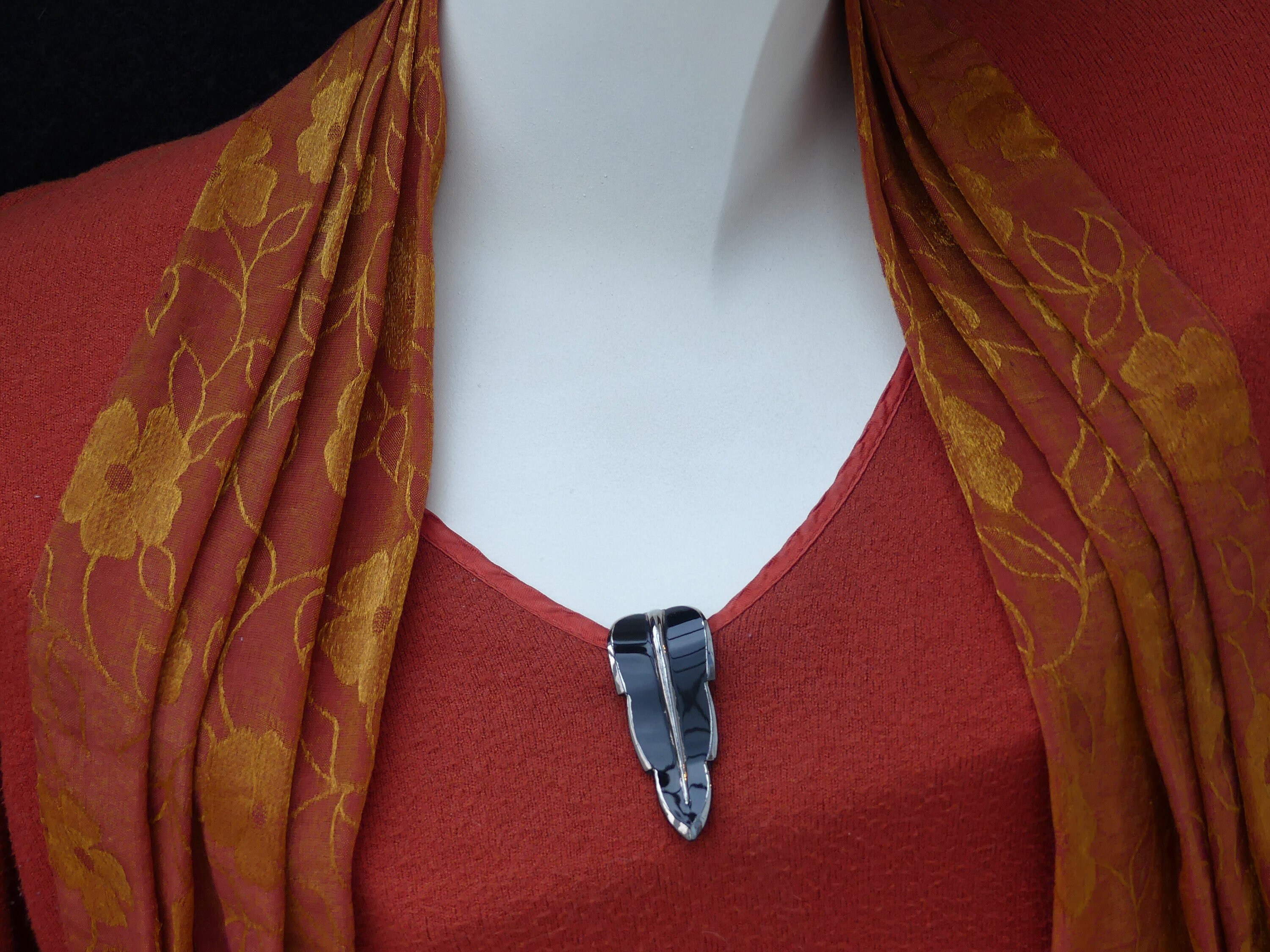 Vintage Black Leaf Dress Clip, Celluloid & Chrome, Art Deco 1920s/1930s