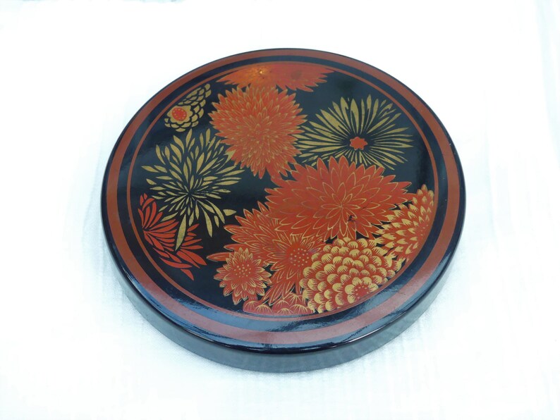 Red /& Gold Plastic Jewellery Trinket Box Made In Japan ELIZABETH ARDEN Oriental Chrysanthemum Design Black Vintage 1970s