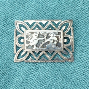 GUATAMALA 900 Silver Etched Rectangular Brooch with Zig-zag Filigree Border and Ancient Mayan Mythological Figures