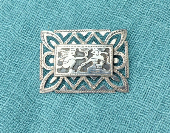 GUATAMALA 900 Silver Etched Rectangular Brooch wi… - image 1
