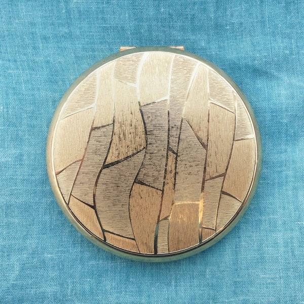 STRATTON Brass Convertible Powder Compact With Brushed / Shiny Abstract Design, Inc. Sifter & Unused Powder Refill, Vintage 1960s