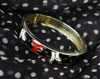 Vintage 1980s Goldtone Black Enamel Clamper Bangle With Red & White Enamel Butterflies On Both Sides