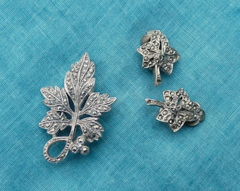Vintage 1940s Silver-plated Marcasite Leaf Brooch & Co-ordinating Leaf Clip-on Earrings, 2 for the Price Of 1