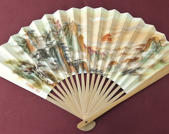 Vintage 1970s Chinese Paper & Bamboo Hand Fan, With Mountain Region Landscape, Including Dam Illustration, The People's Republic of China