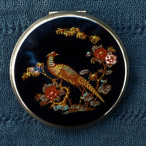 STRATTON Brass & Black Enamel Powder Compact With Richly Coloured Golden Pheasant Transfer Design, Vintage 1970s
