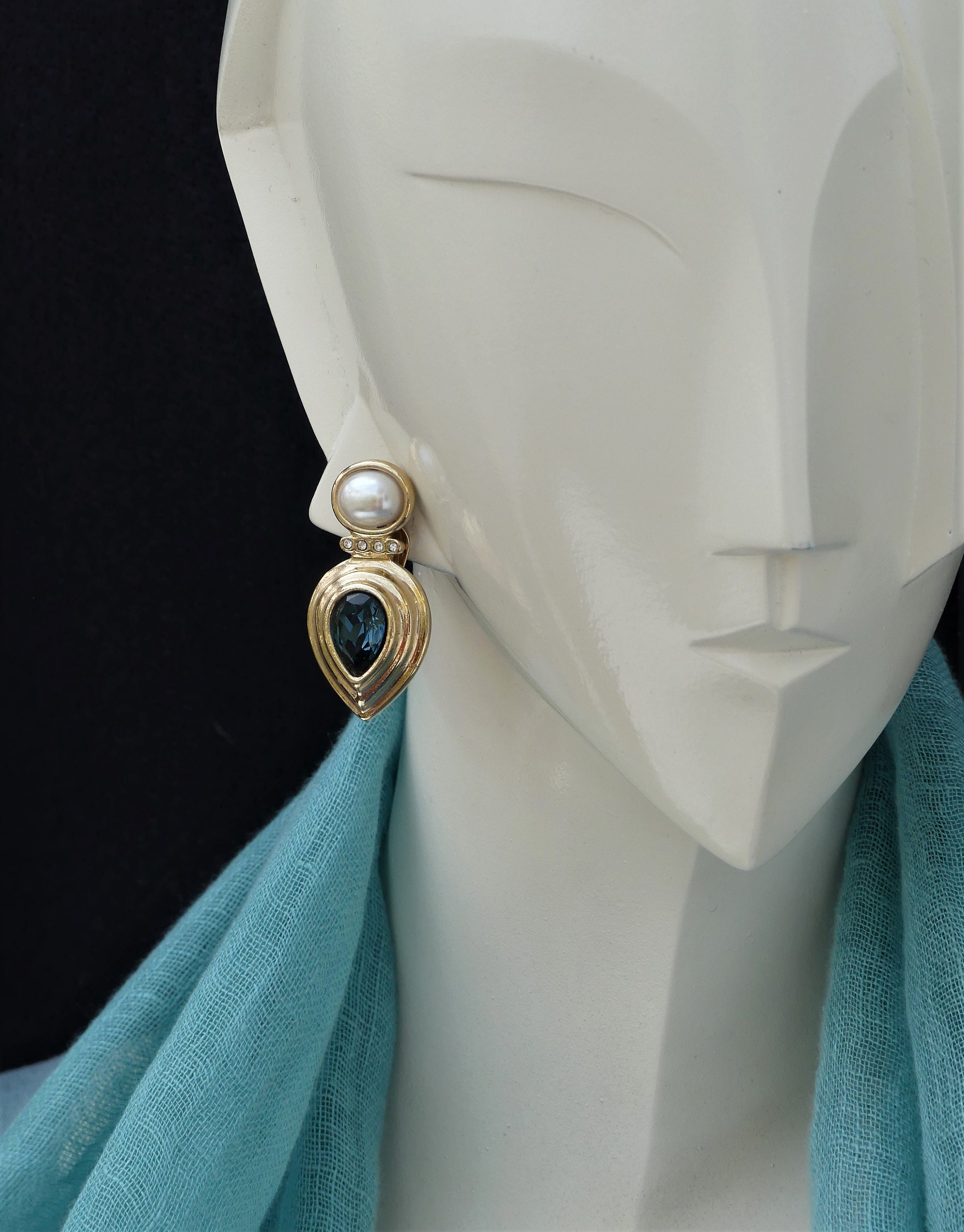 Vintage 1980s Large Faux Pearl and Diamanté Clip-On Earrings, with Large Sapphire Teardrop Diamanté Stones, Gold-Plated Statement Earrings