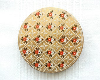 ZENETTE ? Brass Powder Compact with White, Red & Black Floral Squares Design, With Original Sifter, Unsigned Possibly Zenette, Vintage 1950s