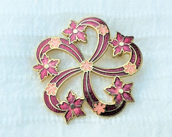 FISH Cloisonné Spilla, Smalto rosso vino in un design a girandola floreale, Vintage anni &#39;70