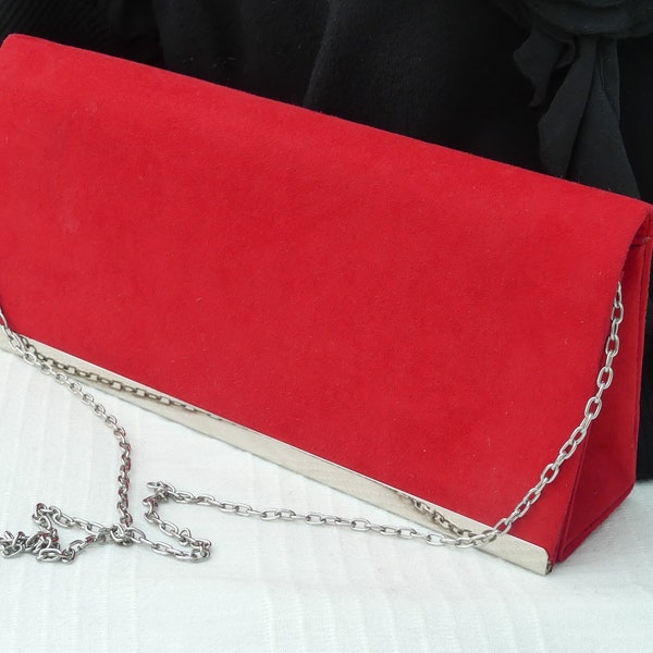 NEXT Bright Red Faux Suede Envelope Bag With Chrome Edging & Chrome Shoulder Chain Strap, Vintage 1990s