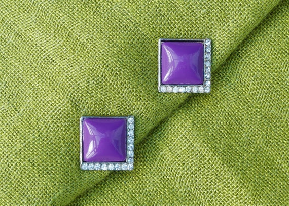 Vintage 1960s Silver-tone Clear Diamanté & Purple… - image 1