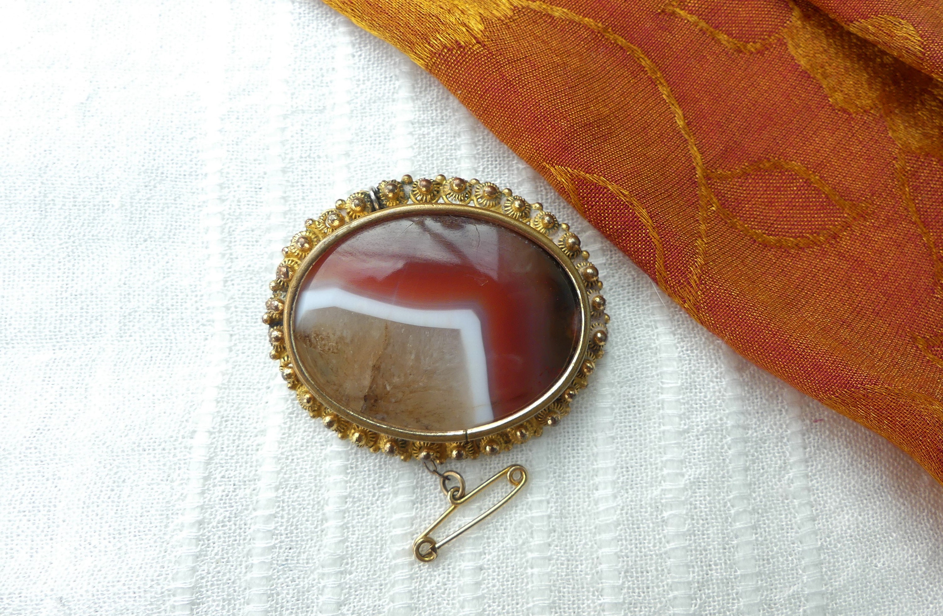 Broche Barrette Ancienne En Agate Cornaline Rubanée - Orange - Métal Nickelé