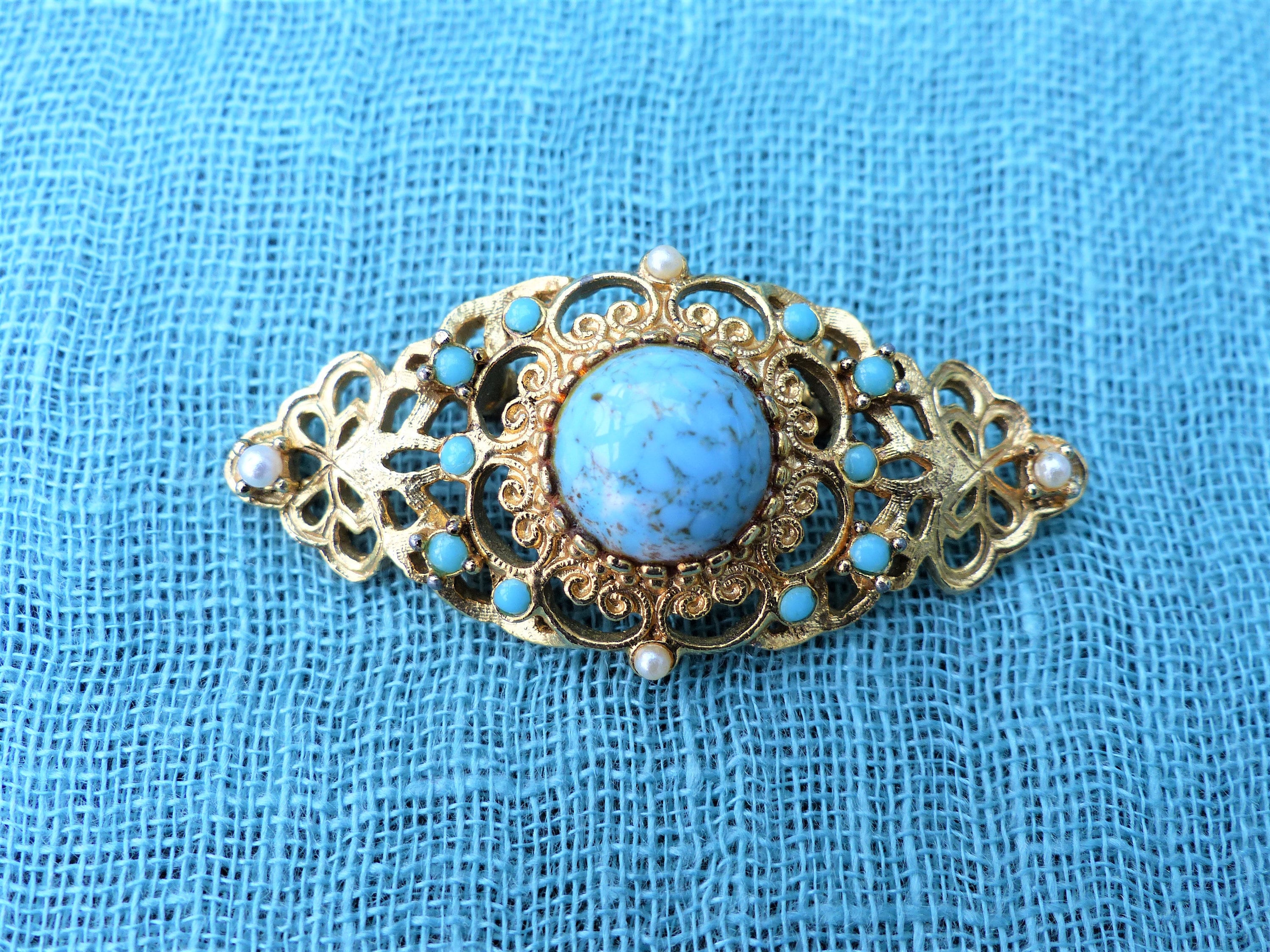 SPHINX Gold-tone, Faux-pearl and Faux Turquoise Filigree