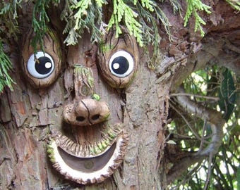 Tree face garden decoration, outdoor ornaments, funny faces, face sculpture, statue, yard art gifts for gardeners,  wall hanging whimsical.