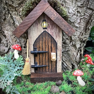 Brown rustic fairy door. Hand painted, made from reclaimed wood, fairy garden, pixie, elf door. Garden decoration, fairy garden accessories