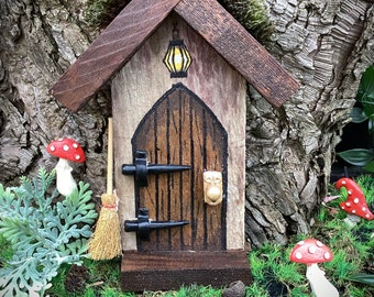 Brown rustic fairy door. Hand painted, made from reclaimed wood, fairy garden, pixie, elf door. Garden decoration, fairy garden accessories