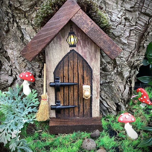 Brown rustic fairy door. Hand painted, made from reclaimed wood, fairy garden, pixie, elf door. Garden decoration, fairy garden accessories