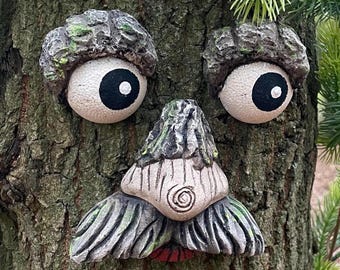 Whimsical Tree Face with Moustache – Funny Outdoor Garden Decor, Forest Spirit Tree Ornament, Fairy Garden Gift