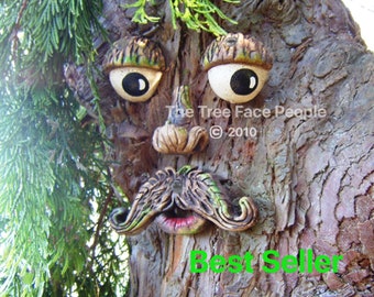 Handmade Stone Tree Face with Moustache - Whimsical Garden Tree Decoration, Unique Outdoor Art, Fun Tree Accessory, Rustic Garden Ornament