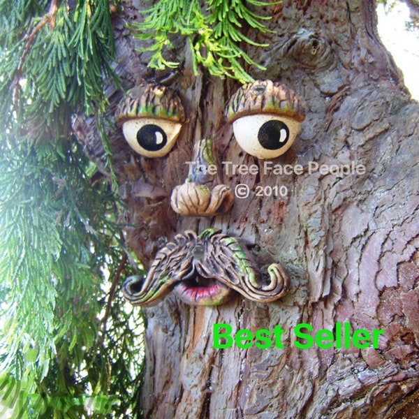 Handmade Stone Tree Face with Moustache: Whimsical Garden Art