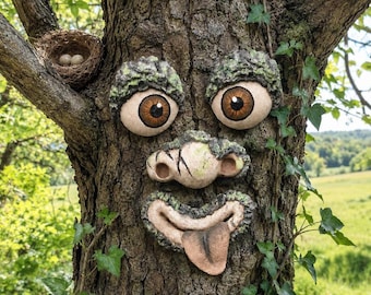 Hand-Painted Tree Face Outdoor Decor, Tree Hugger Yard Art