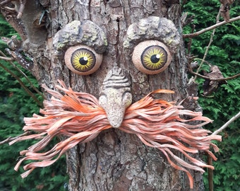 Tree Face garden decoration, outdoor sculpture, statue, yard art,  moustache, birthday gift for mum, funny faces, wall decoration, tree art