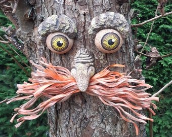 Moustached Tree Face Garden Decoration: Unique Outdoor Sculpture