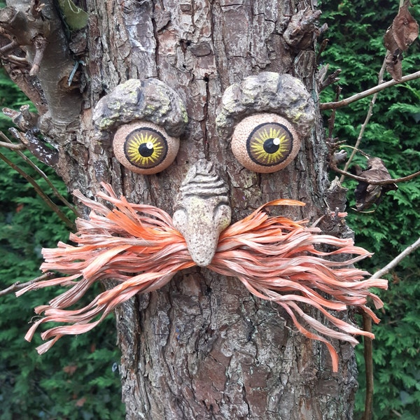 Tree Face garden decoration, outdoor sculpture, statue, yard art,  moustache, birthday gift for mum, funny faces, wall decoration, tree art